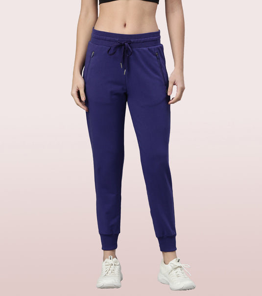 Enamor Mid Rise 7/8th length Drawstring Closure Cotton Terry Jogger For Women - Slim Fit, Super Soft, Antimicrobial - A401 (Greek Blue)