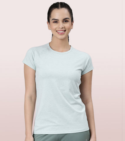 Slim Active Tee | Short Sleeve Raglan Scoop Neck Slim Active Tee With Reflective Graphic On Back | E089