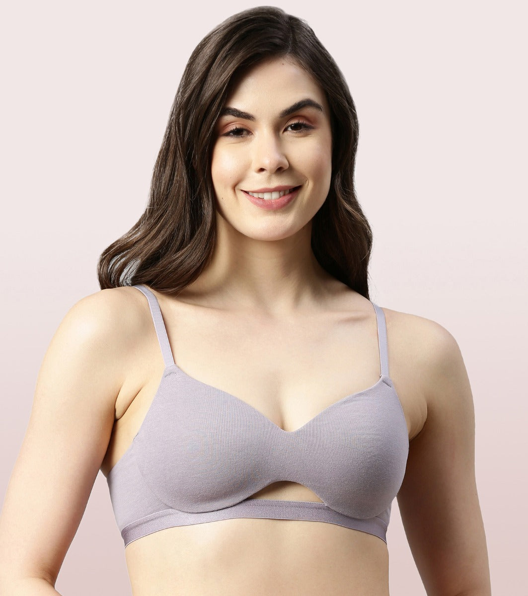 Enamor CloudSoft A032 Invisible Neckline Cotton T-shirt Bra for Women- Medium Coverage, Padded and Wirefree - Silver Lilac