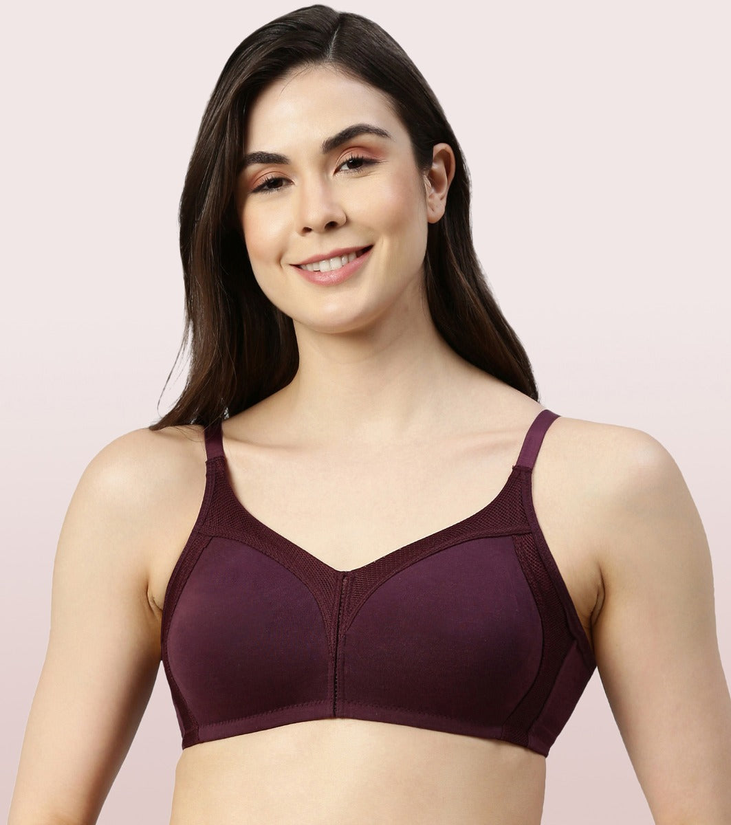 Enamor Fab-Cool AB75 M-frame Jiggle Control Full Support Stretch Cotton Bra for Women- Full Coverage, Non Padded and Wirefree - Purple