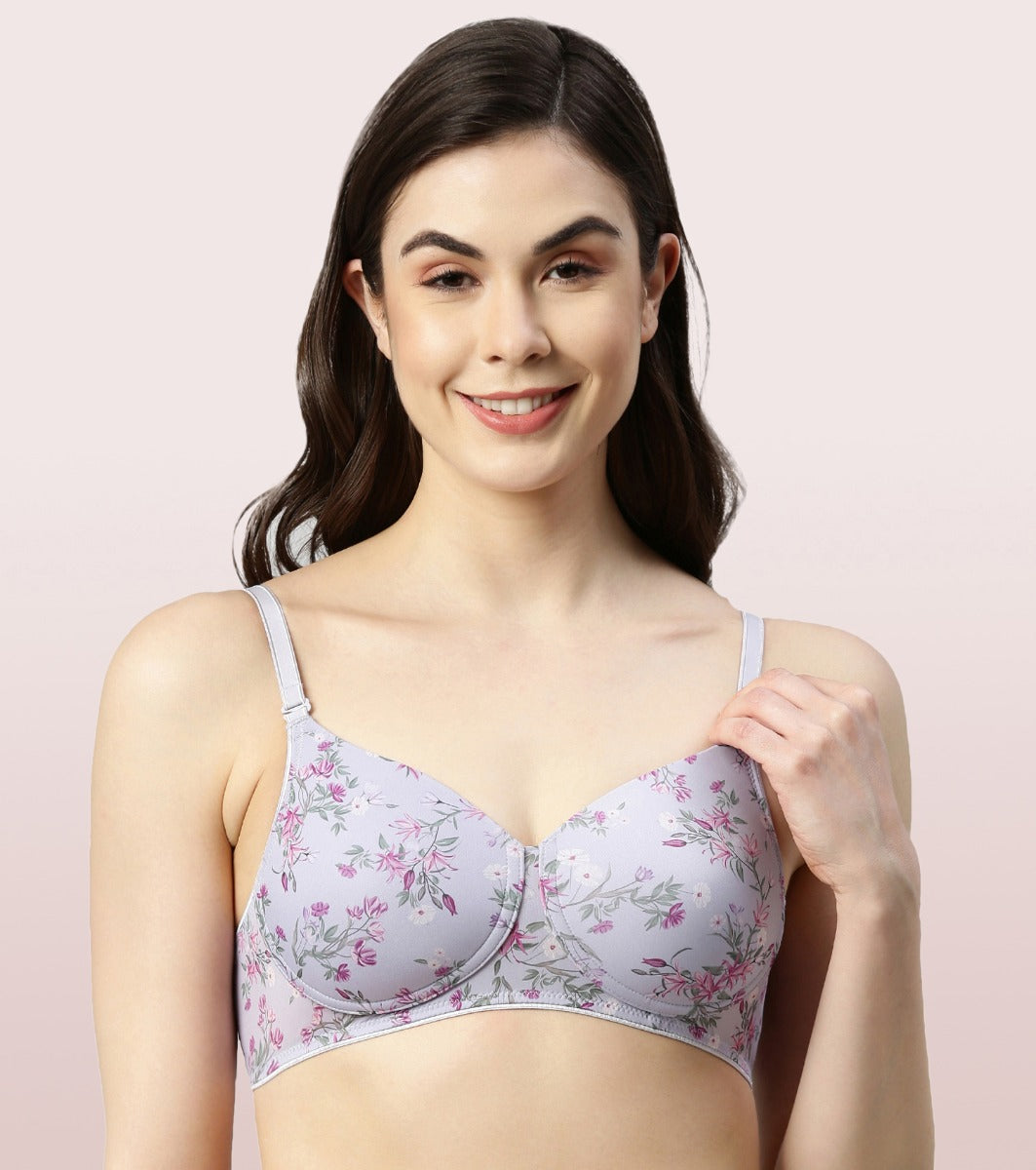 Enamor Dope Dye F165 Ecolite Fabric Smooth Support Bra for Women - Padded, Wirefree and High Coverage - Dainty Petal Print