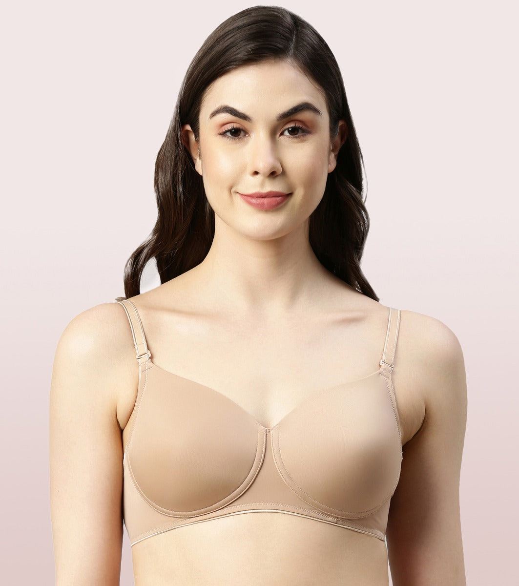 Enamor Dope Dye F165 Ecolite Fabric Smooth Support Bra for Women - Padded, Wirefree and High Coverage - Honey Beige