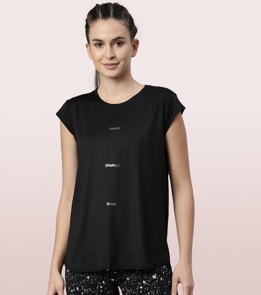 Enamor Short Sleeve Crew Neck Hip Length Long Active T-Shirt For Women- Relaxed Fit, Lightweight, Quick Dry, Antimicrobial - A303 (Jet Blk/Sweat)