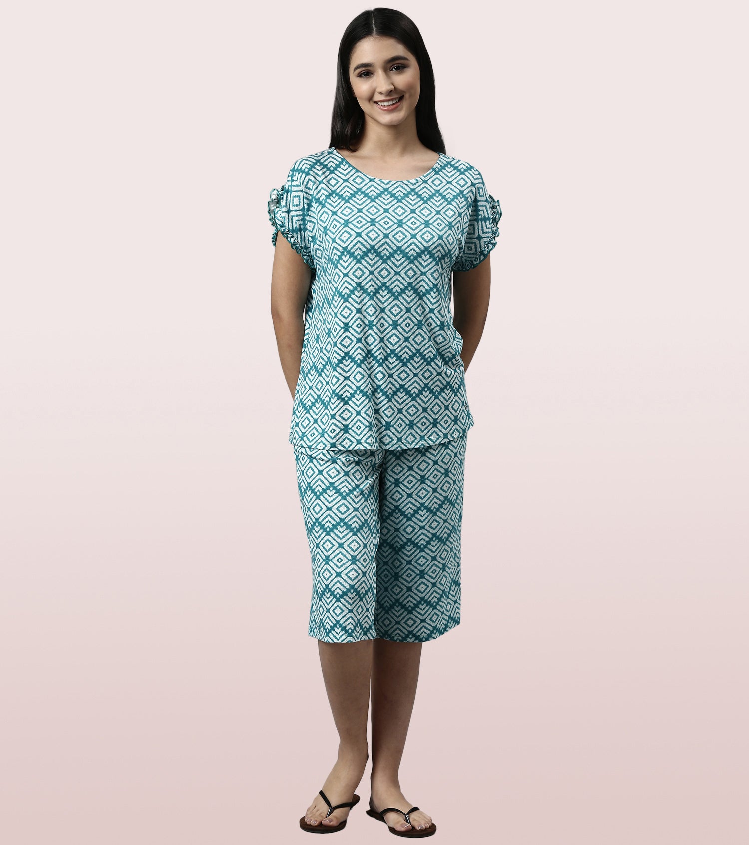 Home Shant Set | Viscose Printed Ruffled Trim Tee And Shant Set