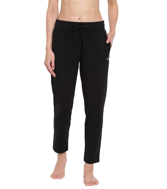 Enamor Mid Rise Ankle length Drawstring Relax Pants For Women - Slim Fit, Stretch French Terry - E060 (Jet Black)