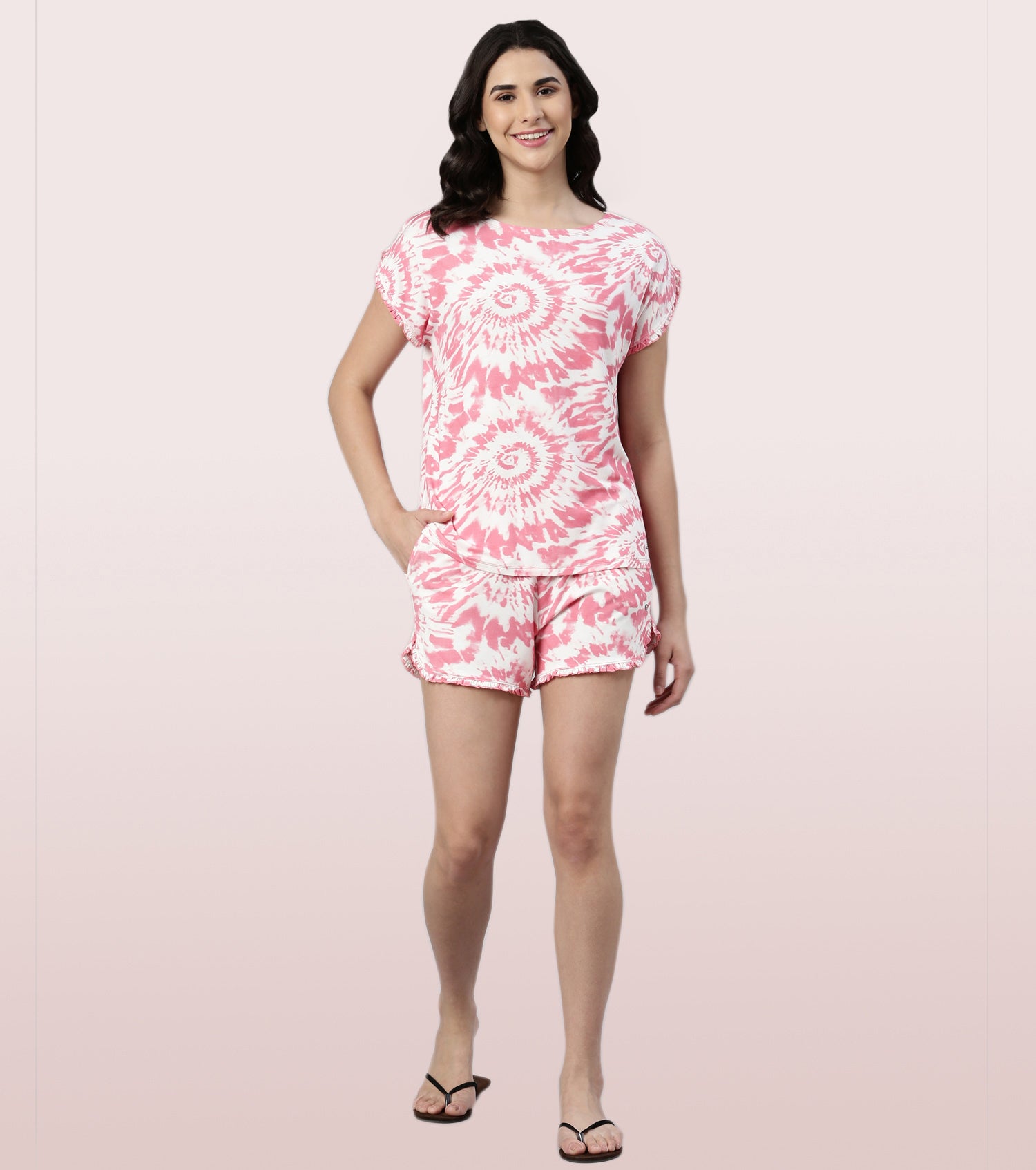 Home Shorts Set | Viscose Printed Ruffled Trim Tee And Shorts Set - EC14
