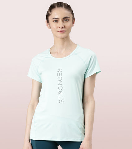 Enamor Active Dry Fit Graphic Tee For Women | Basic T-Shirt With Raglan Sleeve & Scoop Neck Design | Mauve Love - Fearless Graphic
