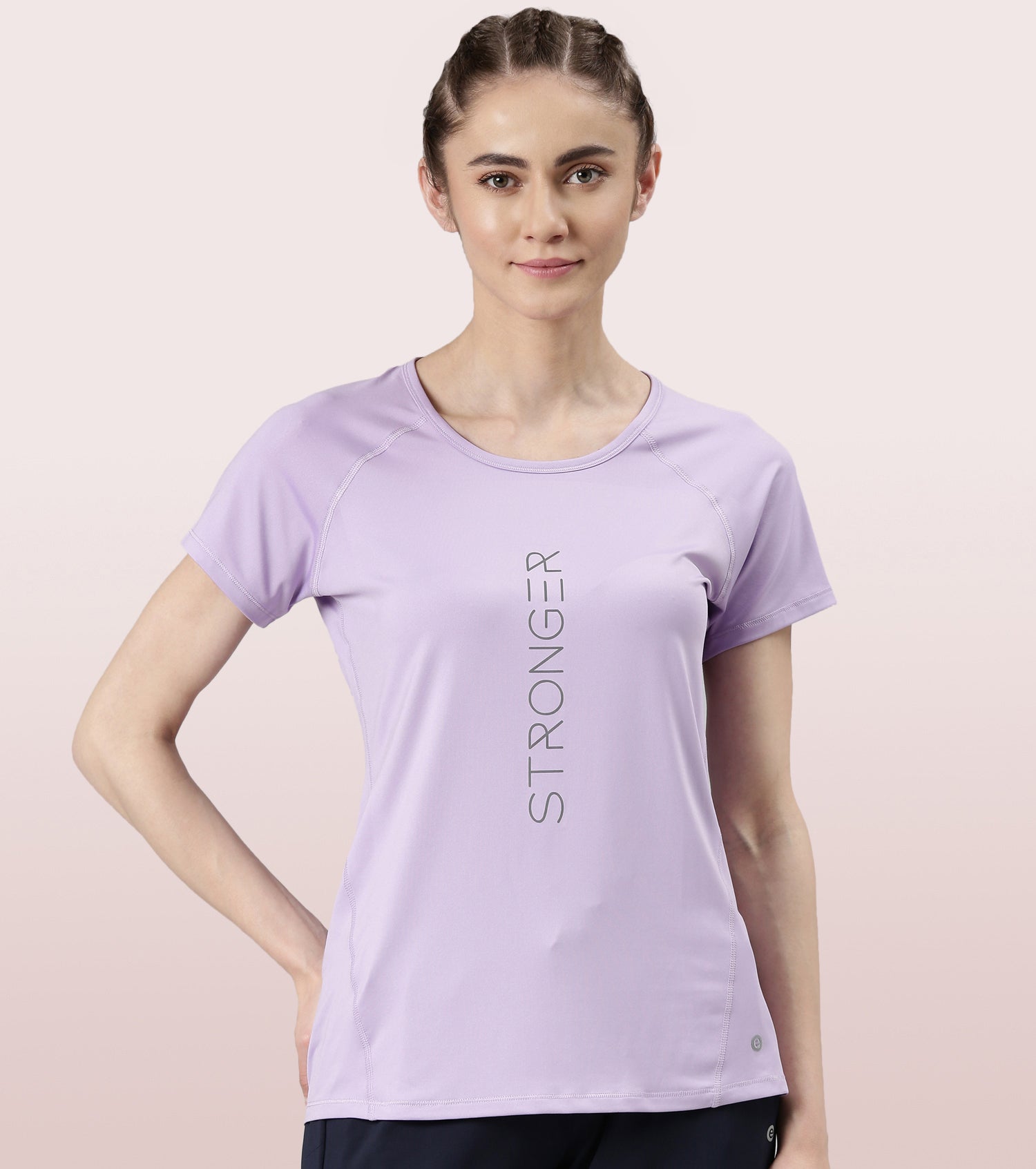 Enamor Active Dry Fit Graphic Tee For Women | Basic T-Shirt With Raglan Sleeve & Scoop Neck Design | Mauve Love - Fearless Graphic
