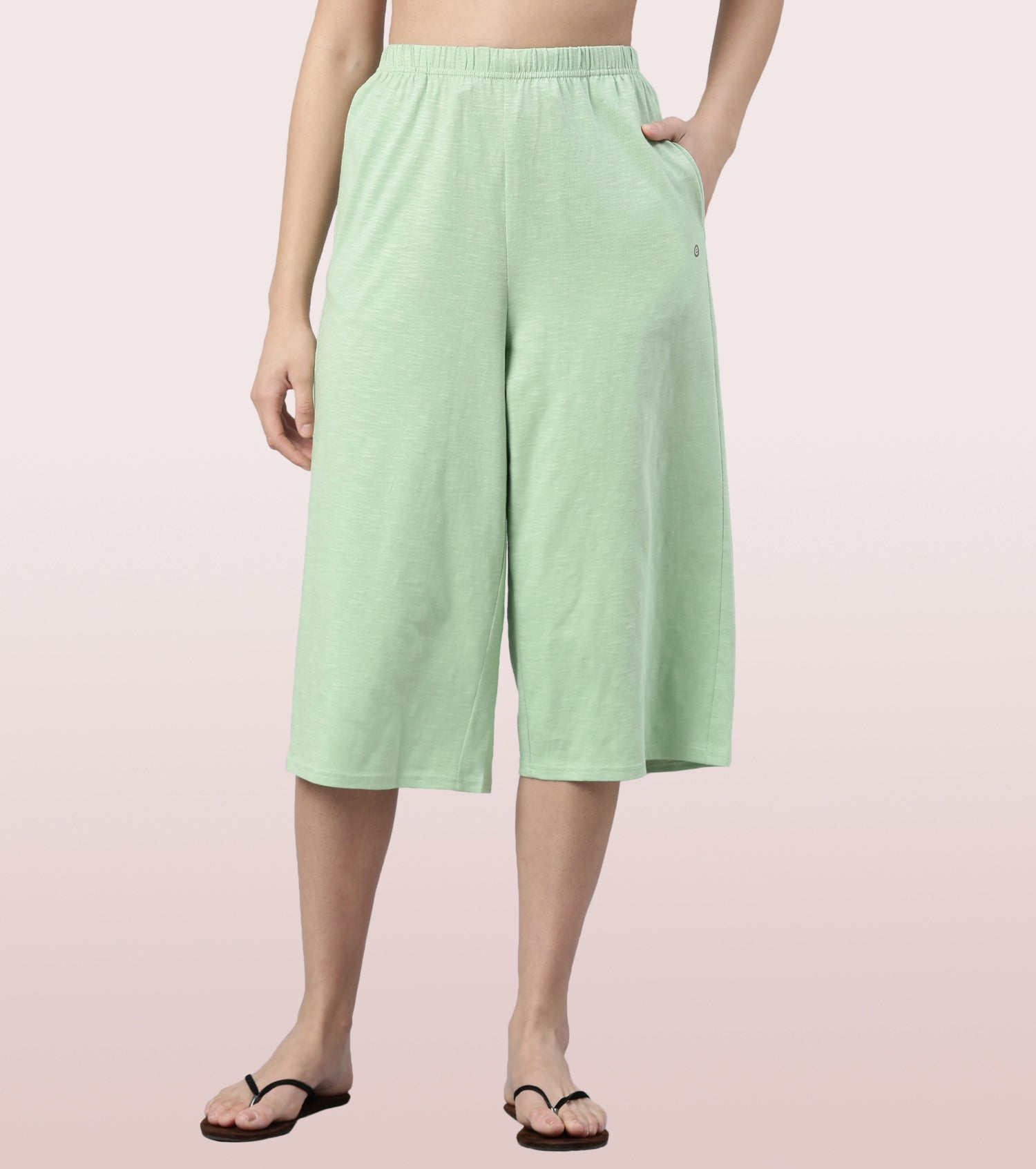 Enamor High Rise Basic Culottes For Women | Breathable Cotton Slub Jersey Culottes | Fern Green