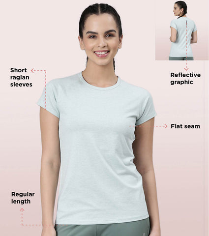 Slim Active Tee | Short Sleeve Raglan Scoop Neck Slim Active Tee With Reflective Graphic On Back | E089