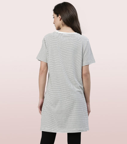 Tunic Tee – Stripes | Short Sleeve Tunic Tee With Side Slit & Mindful Graphic