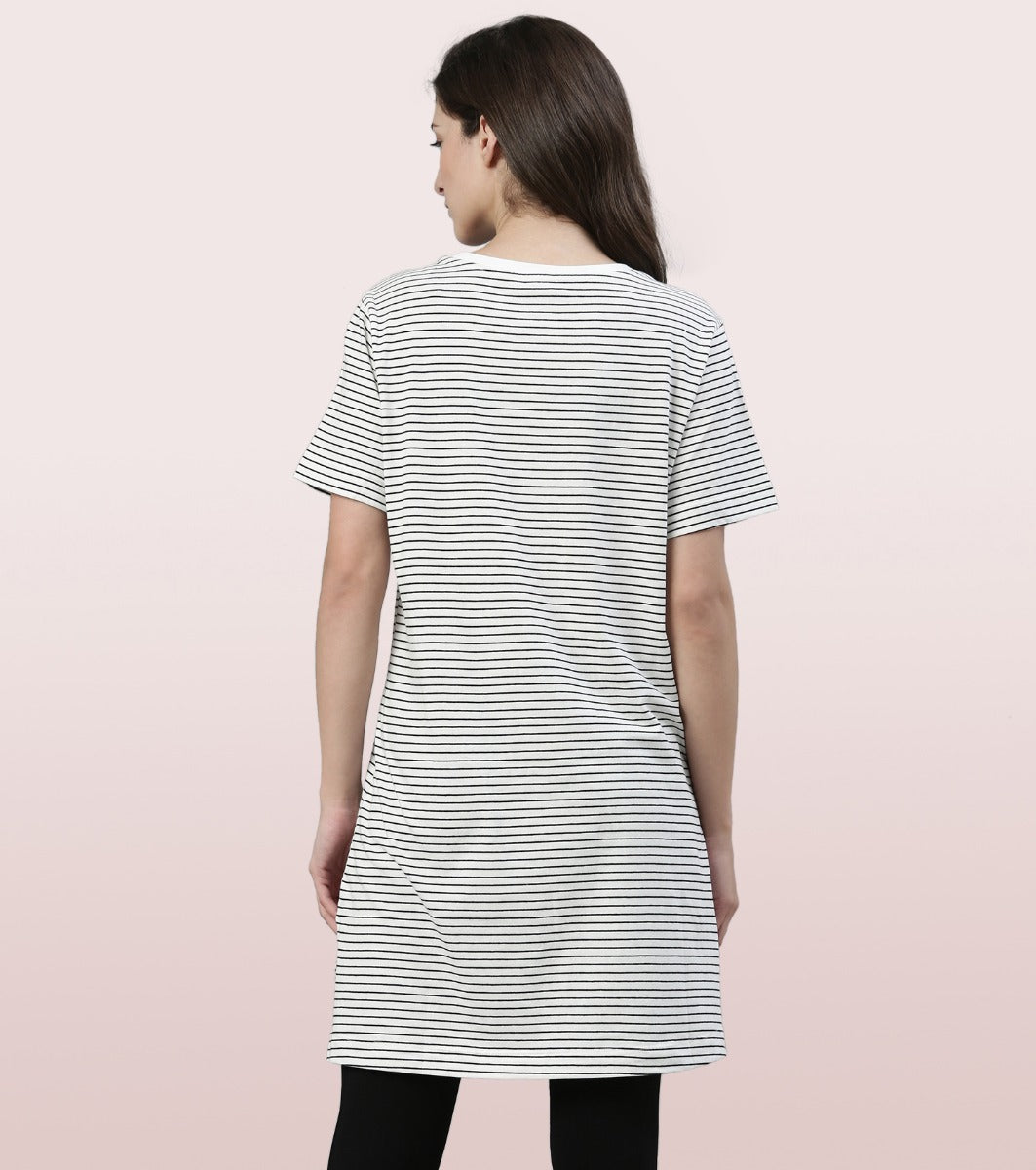 Tunic Tee – Stripes | Short Sleeve Tunic Tee With Side Slit & Mindful Graphic