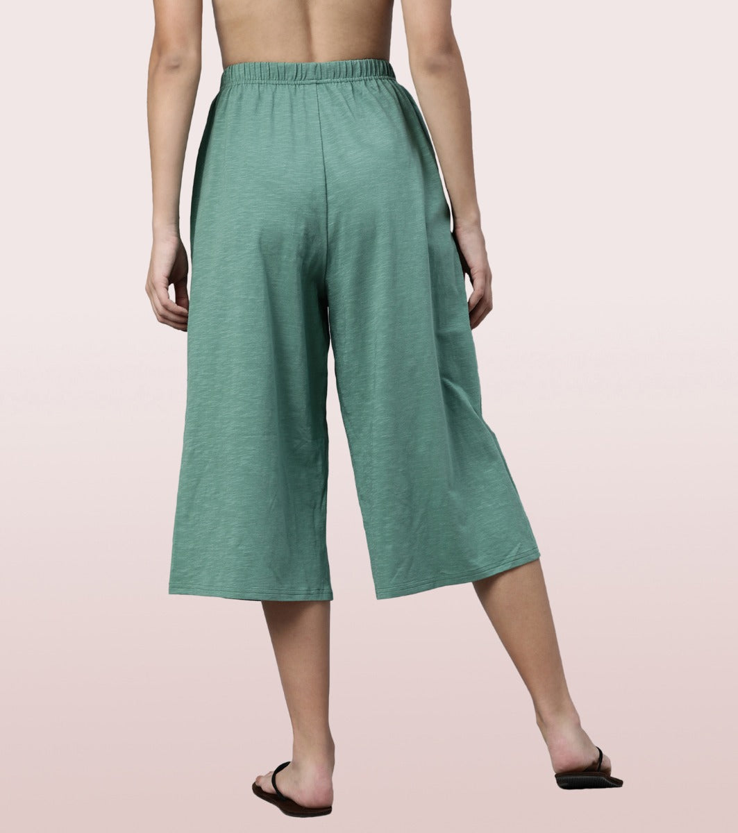 Enamor High Rise Basic Culottes For Women | Breathable Cotton Slub Jersey Culottes | Fern Green