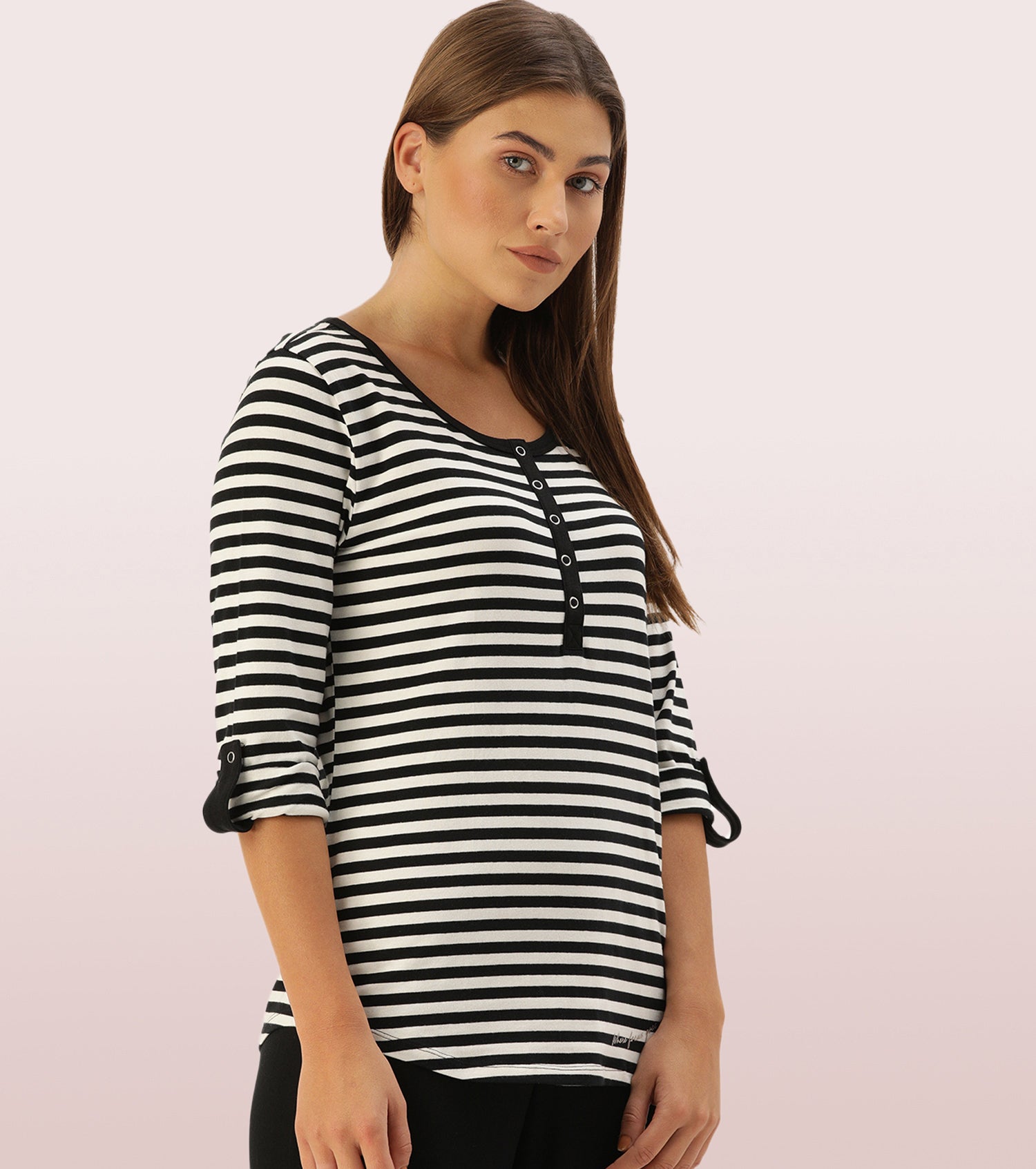 All Day Henley T – Striped | 3/4th Sleeve Stretch Cotton Tee With Ring Snap Button Placket Front & Sleeve Tab