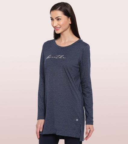 Tunic Tee – Solid | Long Sleeve Tunic Tee With Side Slit & Mindful Graphic