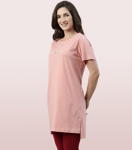 Tunic Tee – Solid | Short Sleeve Tunic Tee With Side Slit & Mindful Graphic