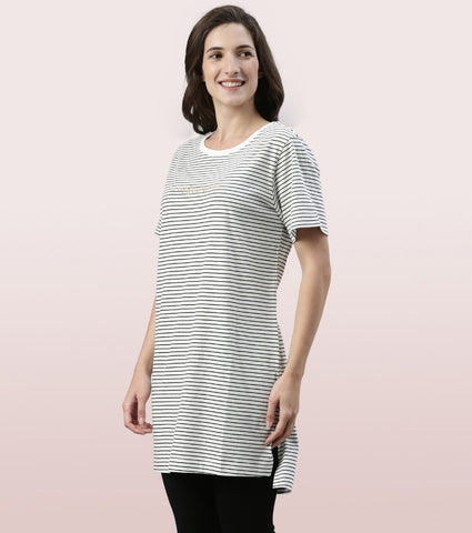 Tunic Tee – Stripes | Short Sleeve Tunic Tee With Side Slit & Mindful Graphic