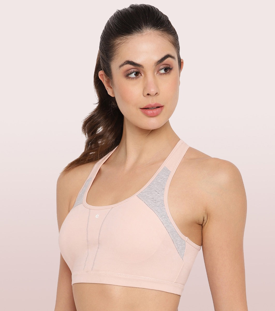Racer Back Medium Impact Sports Bra with Removable Pads - PEARL / S
