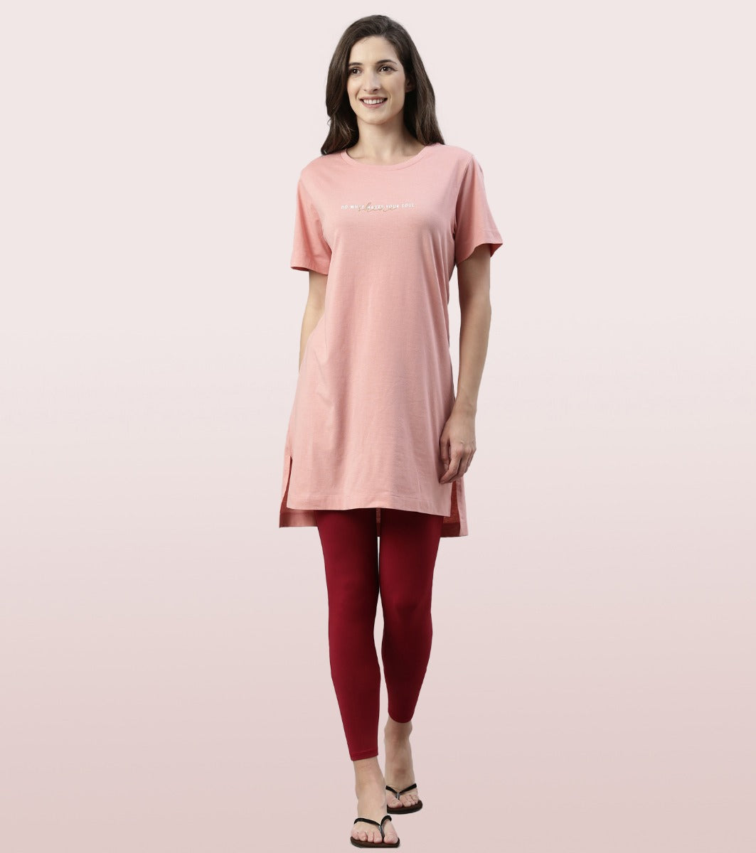 Tunic Tee – Solid | Short Sleeve Tunic Tee With Side Slit & Mindful Graphic