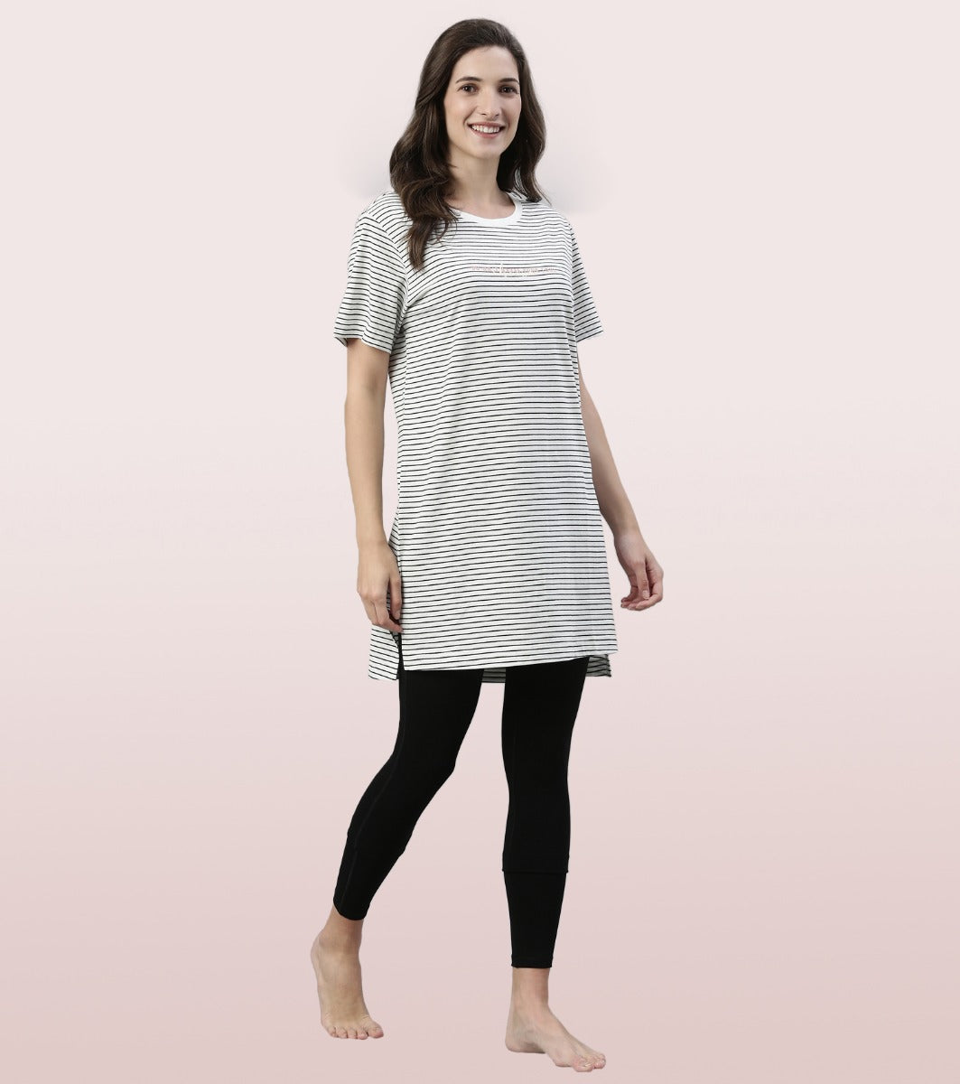 Tunic Tee – Stripes | Short Sleeve Tunic Tee With Side Slit & Mindful Graphic
