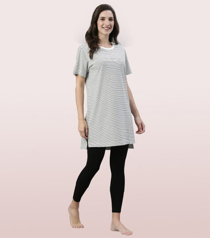 Tunic Tee – Stripes | Short Sleeve Tunic Tee With Side Slit & Mindful Graphic