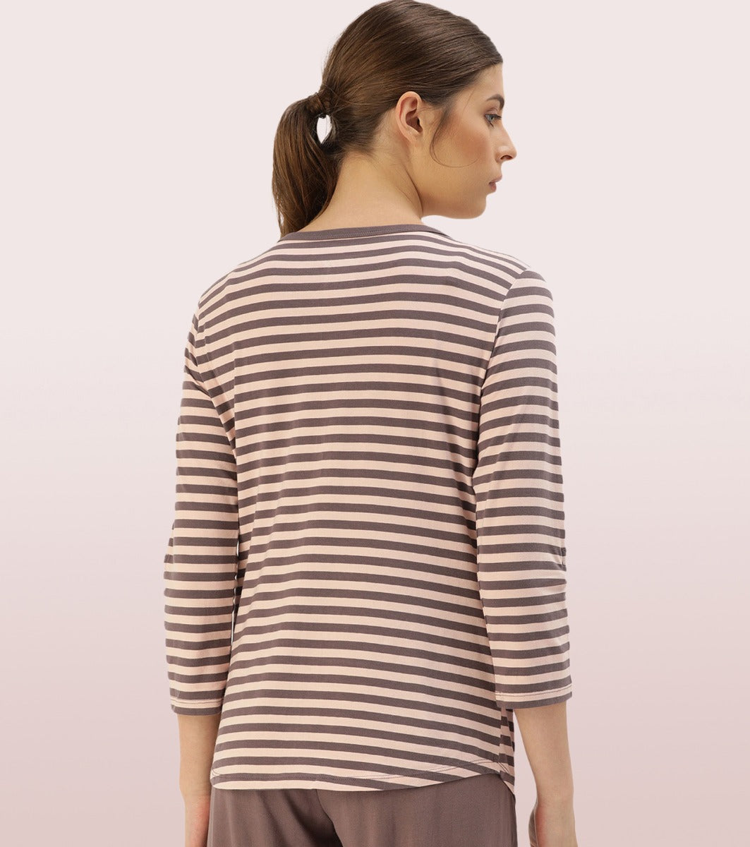 All Day Henley T – Striped | 3/4th Sleeve Stretch Cotton Tee With Ring Snap Button Placket Front & Sleeve Tab