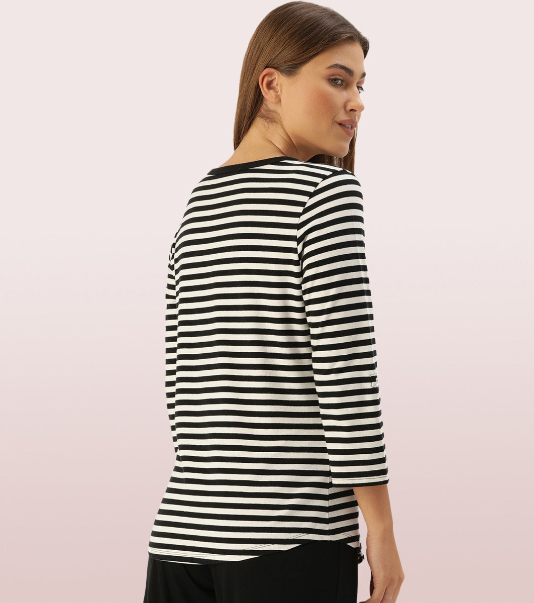 All Day Henley T – Striped | 3/4th Sleeve Stretch Cotton Tee With Ring Snap Button Placket Front & Sleeve Tab