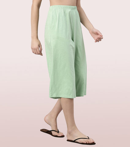 Enamor High Rise Basic Culottes For Women | Breathable Cotton Slub Jersey Culottes | Fern Green