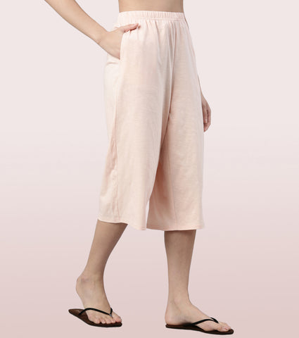 Enamor High Rise Basic Culottes For Women | Breathable Cotton Slub Jersey Culottes | Fern Green