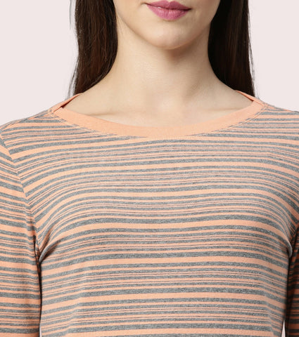 Long Tee – Striped | ¾ Sleeve Boat Neck Lounge Tee With Mindful Graphic