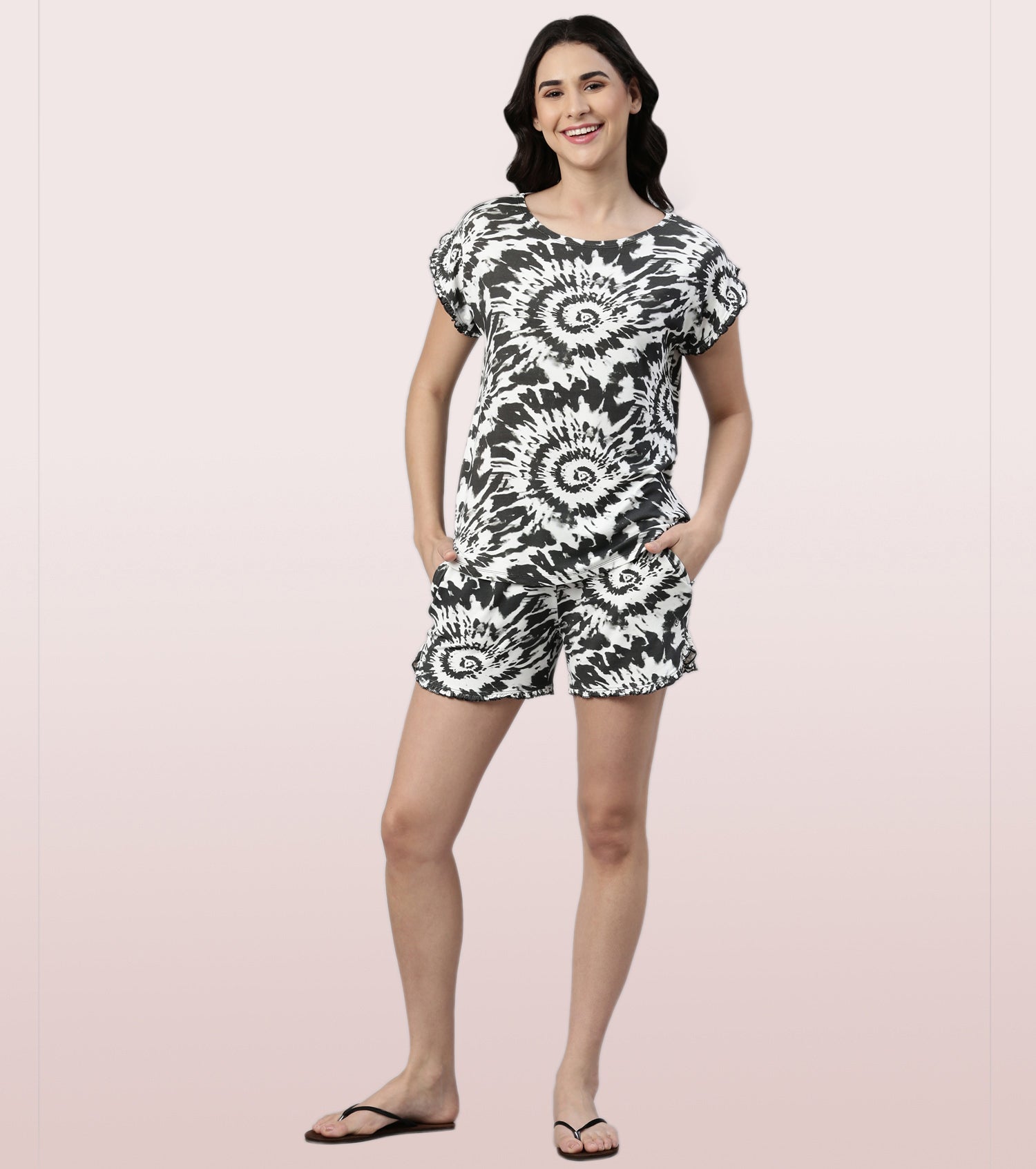 Home Shorts Set | Viscose Printed Ruffled Trim Tee And Shorts Set - EC14