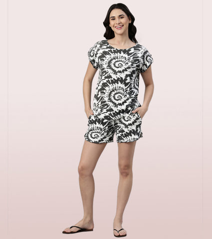 Home Shorts Set | Viscose Printed Ruffled Trim Tee And Shorts Set - EC14