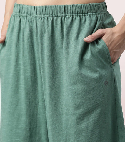 Enamor High Rise Basic Culottes For Women | Breathable Cotton Slub Jersey Culottes | Fern Green