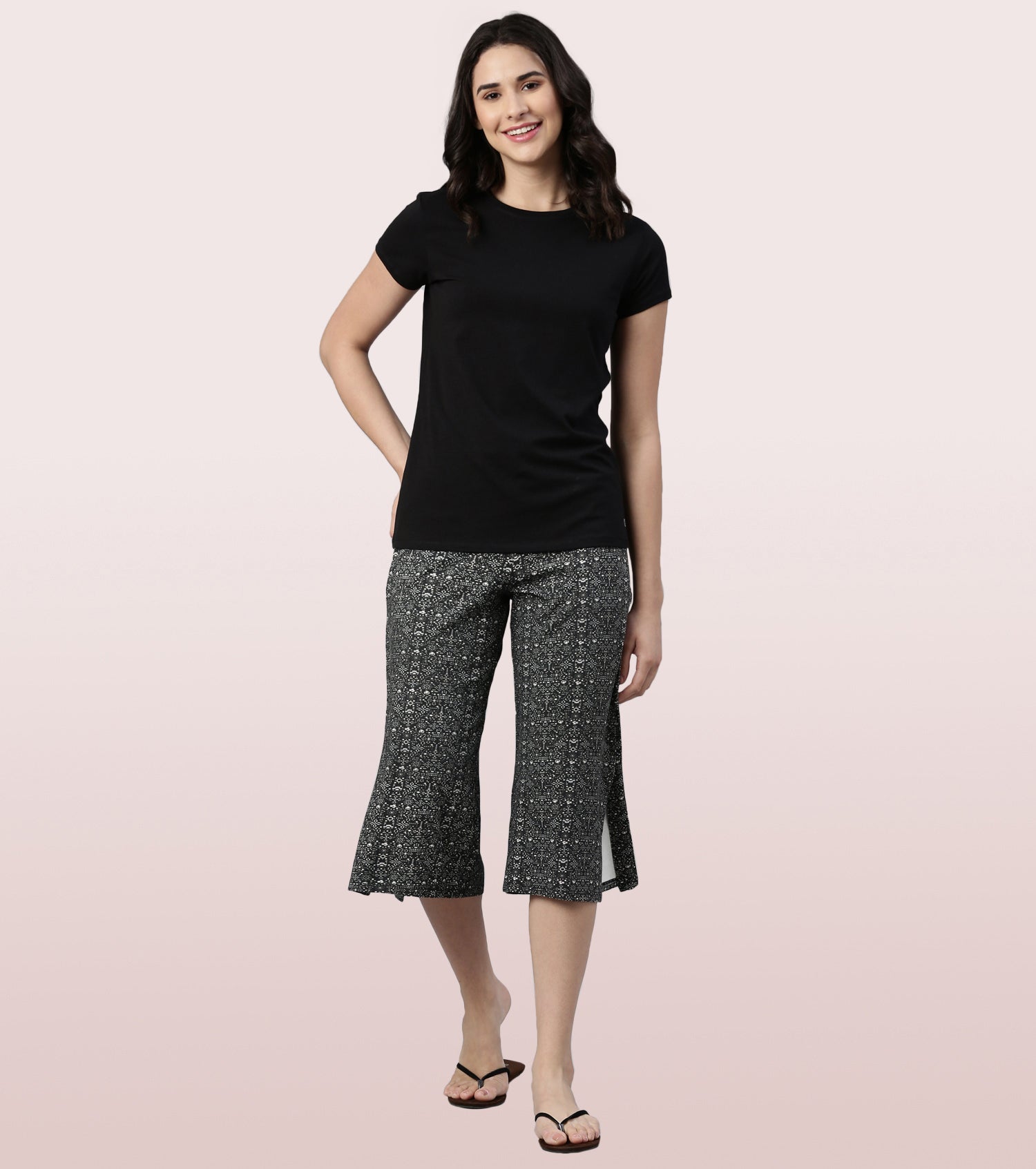 Enamor Culotte Pants For Women | Crop Length Culottes With Smart Side Slits | Black Pixie Aop
