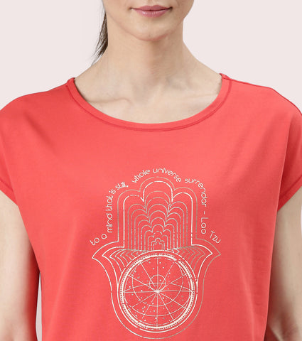 Enamor Meditate Anti-Odour Stretch Cotton Tee For Women | Graphic Printed Tee With Dolman Sleeve & Boat Neck Design | Candy Red Universe Graphic