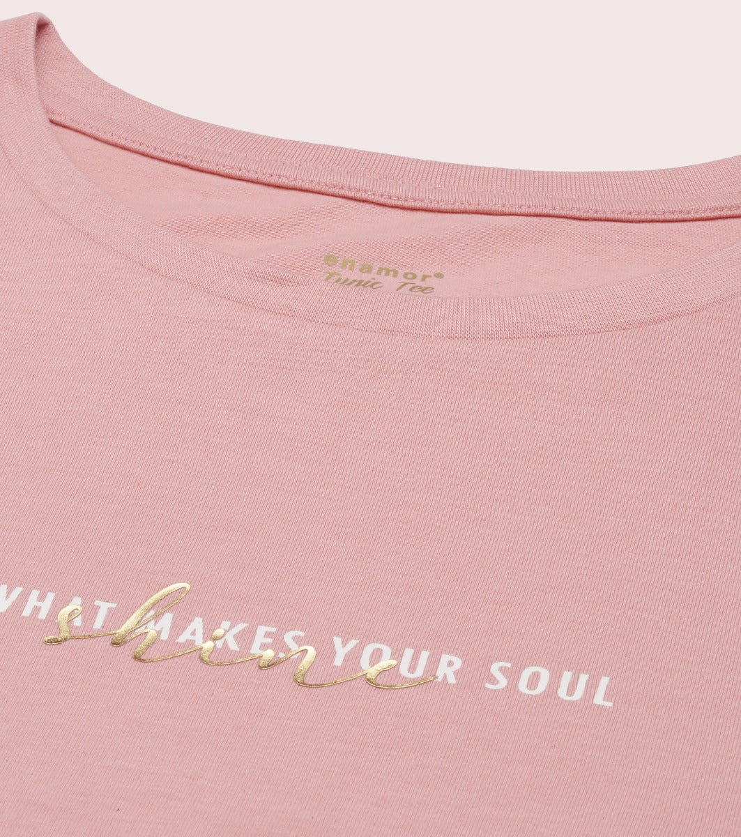 Tunic Tee – Solid | Short Sleeve Tunic Tee With Side Slit & Mindful Graphic
