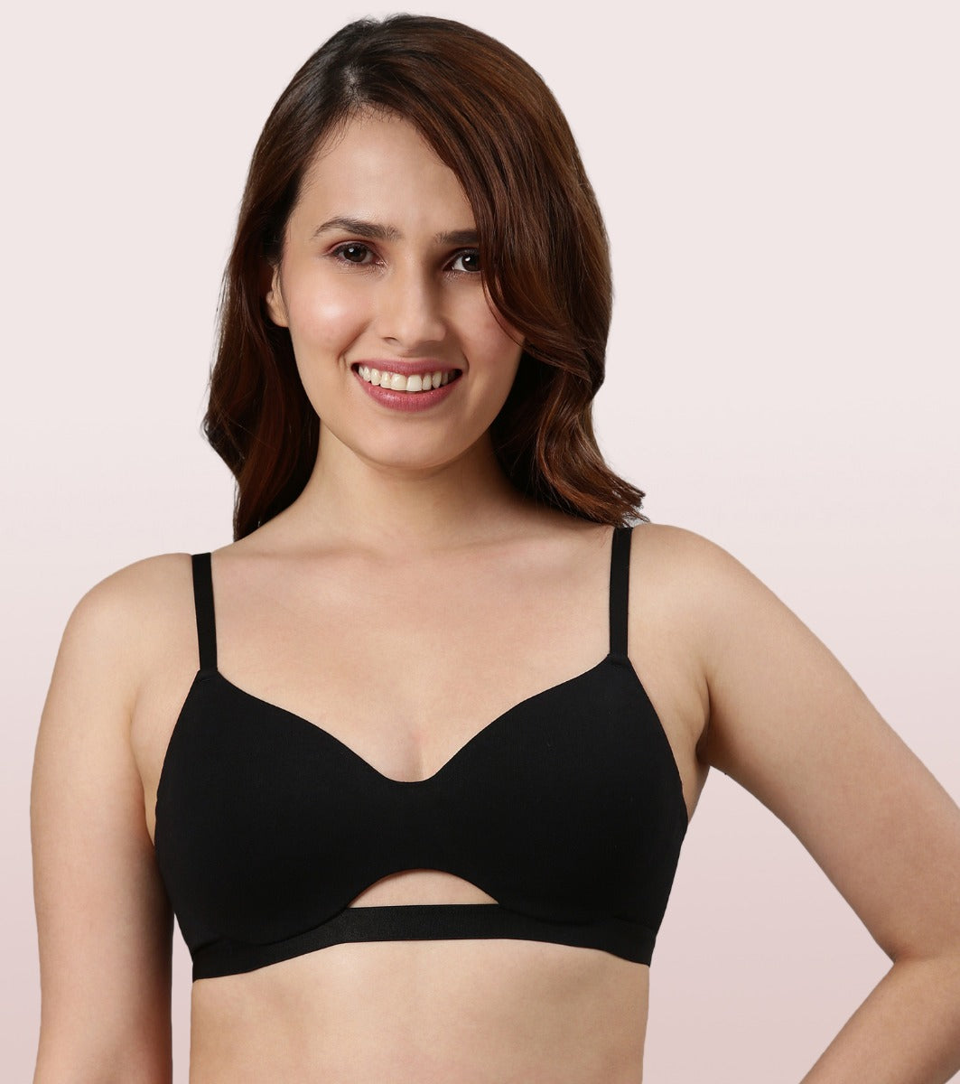 Enamor CloudSoft A032 Invisible Neckline Cotton T-shirt Bra for Women- Medium Coverage, Padded and Wirefree - Black