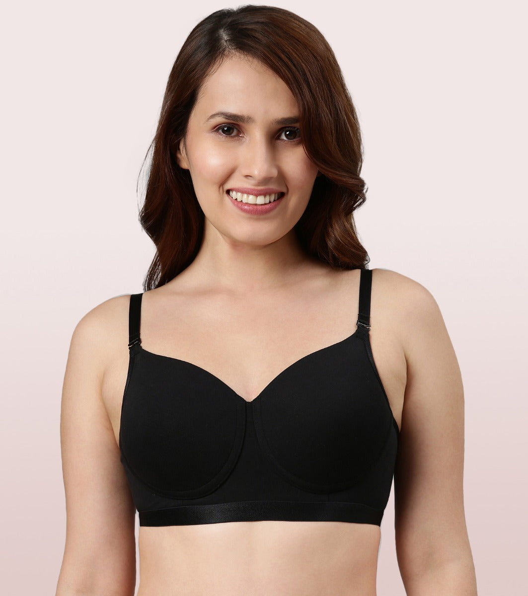Enamor Fab-Cool A165 Antimicrobial Ultimate Coverage Cotton T-shirt Bra for Women- High Coverage, Padded and Wirefree - Black