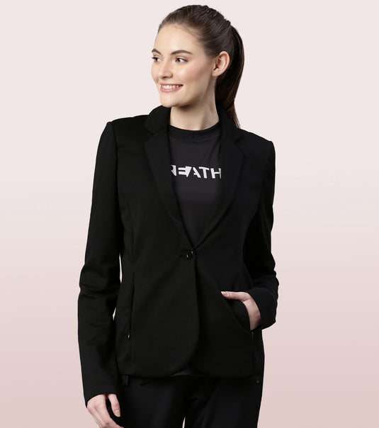 Enamor Button Closure Full Sleeve Hip Length Sports Blazer For Women - Slim Fit, Invisible Zipper Pockets - A903 (Jet Black)