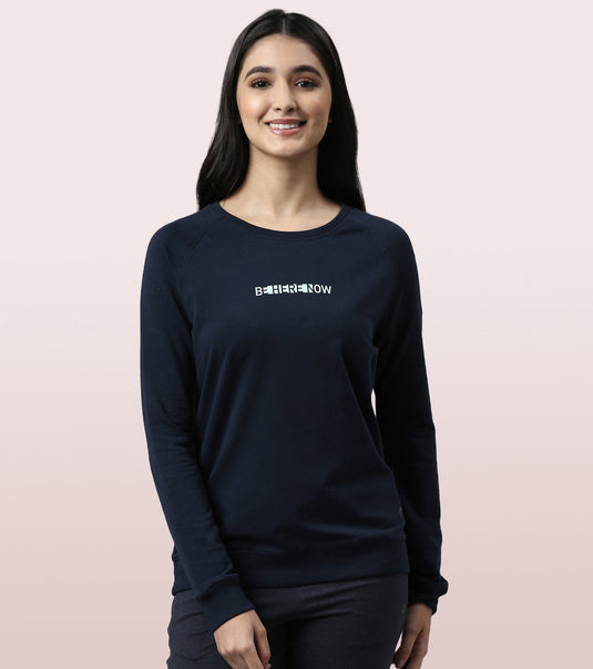 Enamor Full Sleeve Round Neck Regular Length Slip On Sweatshirt  For Women - Graphic Print, Relaxed Fit - E079 (Navy/Be Here Now)