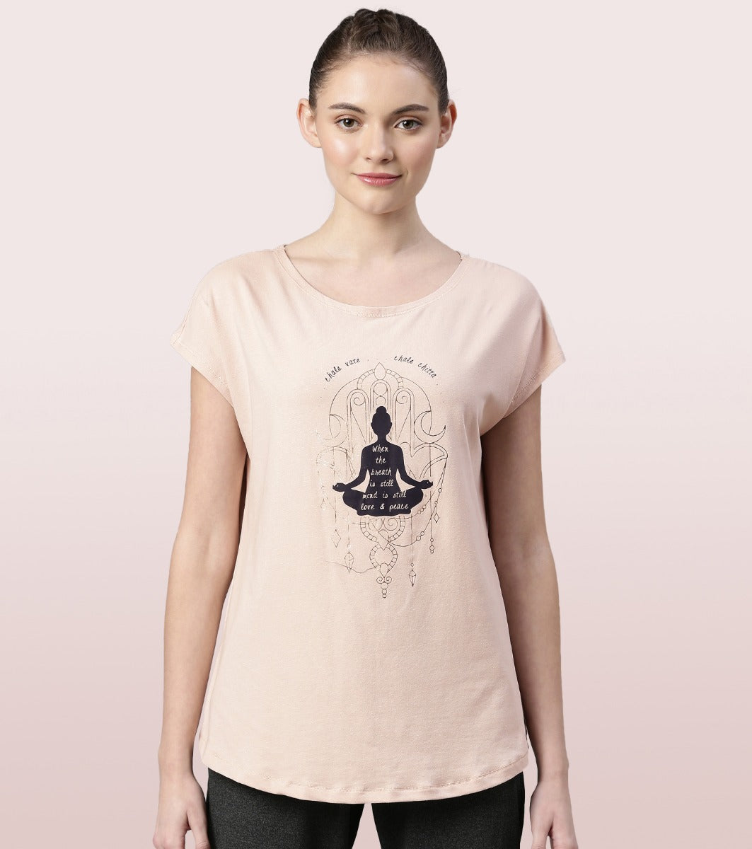 Meditate Tee | Dolman Sleeve Boat Neck Anti-Odour Stretch Cotton Graphic Printed Tee