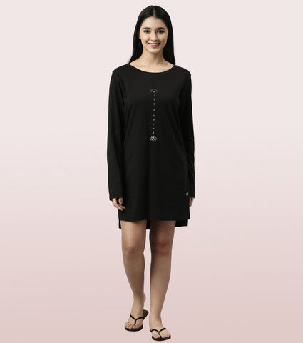 Tunic Tee – Solid | Long Sleeve Tunic Tee With Side Slit & Mindful Graphic
