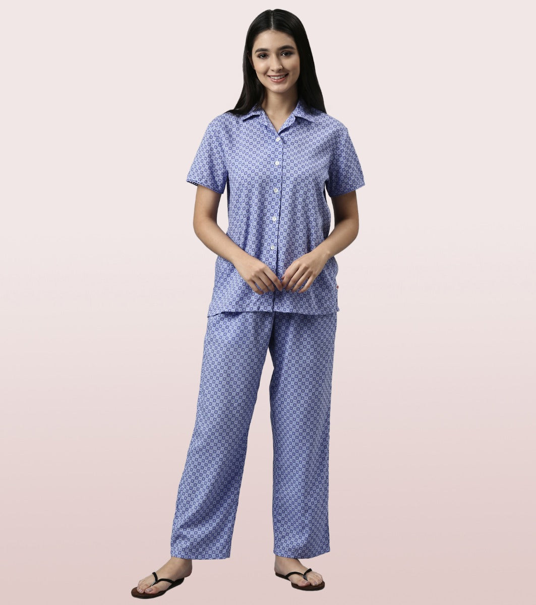 Enamor Button Down Short leeve Collared Top with Drawstring Closure Mid Rise Regular Length Relaxed Fit Launge Pant Set - EC17 Pack of 2 (Purple Geo Aop)