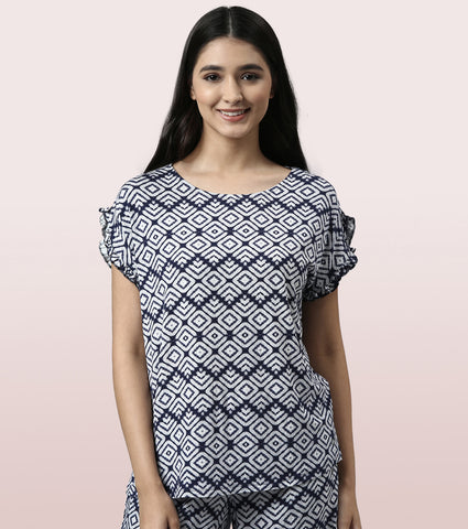 Home Shant Set | Viscose Printed Ruffled Trim Tee And Shant Set