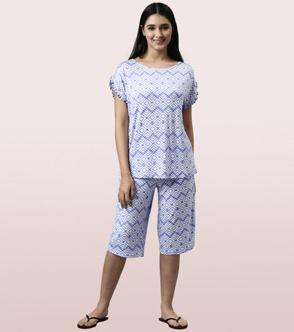 Home Shant Set | Viscose Printed Ruffled Trim Tee And Shant Set