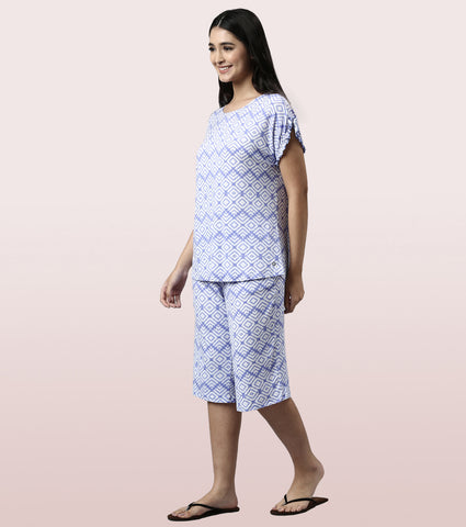 Home Shant Set | Viscose Printed Ruffled Trim Tee And Shant Set