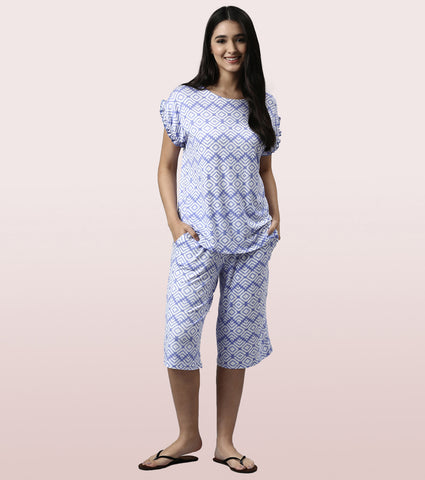 Home Shant Set | Viscose Printed Ruffled Trim Tee And Shant Set