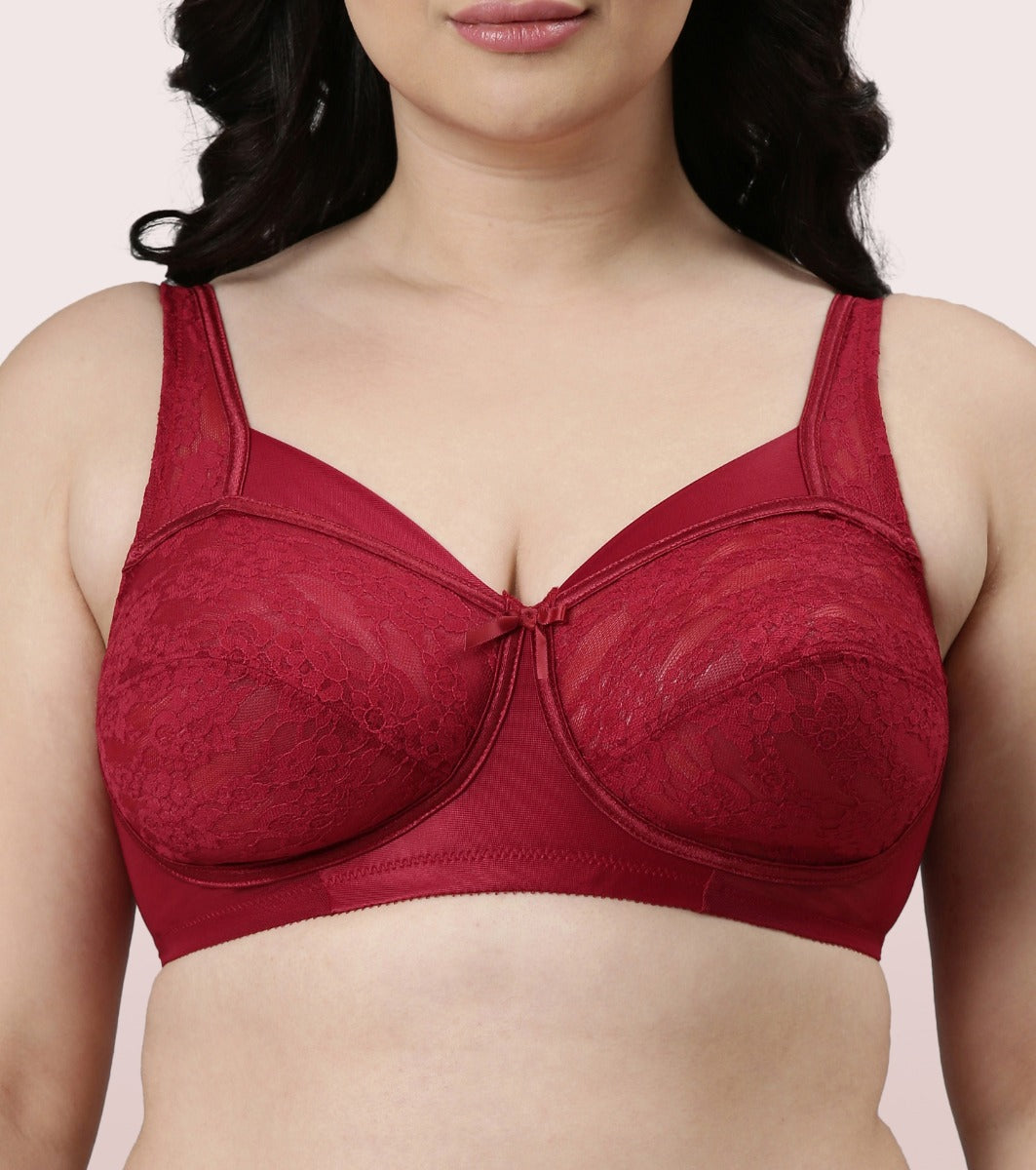 Enamor Full Support Classic Lace Lift Bra For Women - Non-Padded, Non-Wired, High Coverage Bra With Top Panel Support | FB06 | Masai