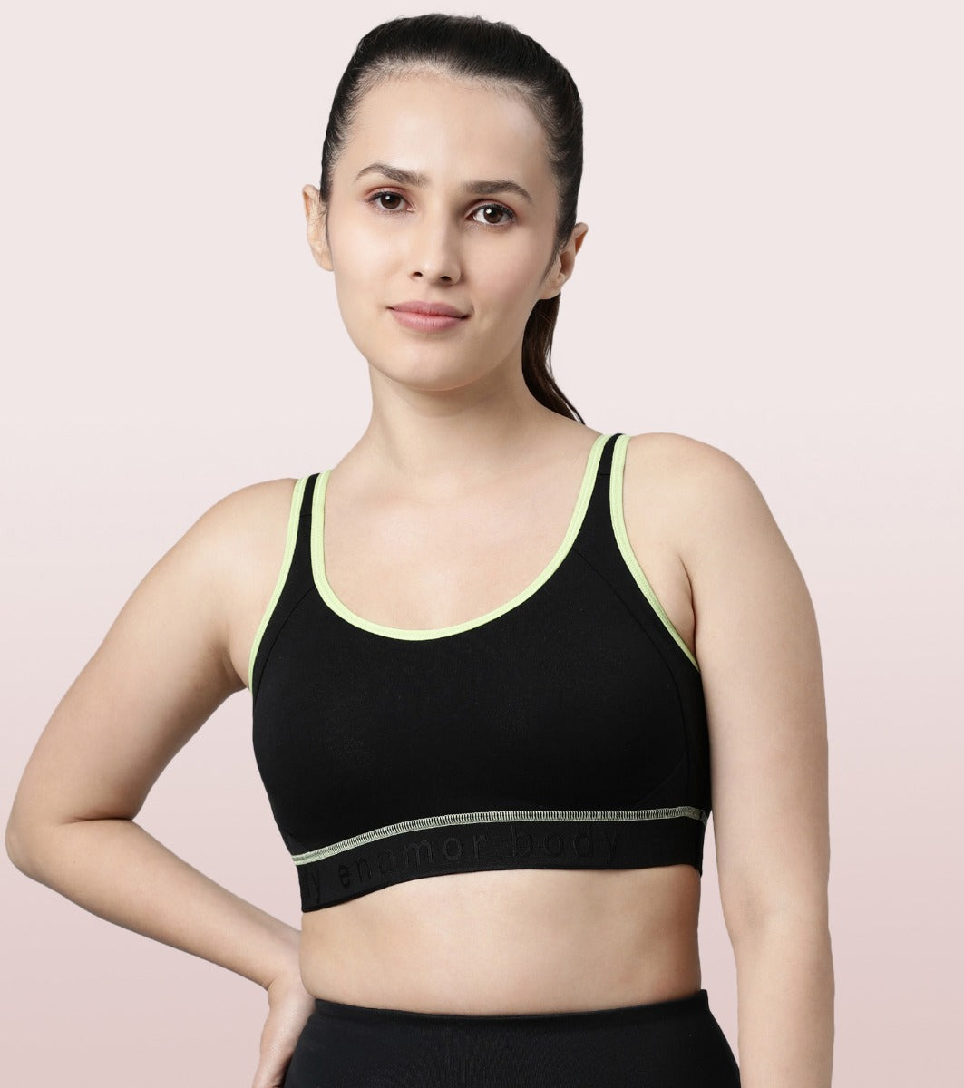 Enamor Agion SB28 Antimicrobial Side Shaper Active Sports Bra for Women - Non Padded, Wirefree and High Coverage - Black